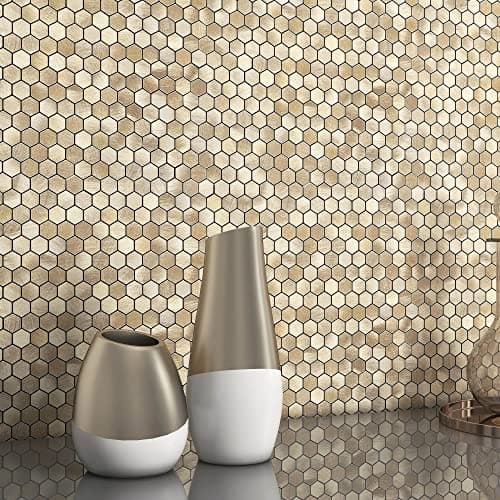 Image of BeNice Stick on Mosaic Tiles Kitchen Backsplash Stickers,Aluminium Tile Small Tiles Metal Hexagon Tiles Stickers(5sheets,Champagne Gold)