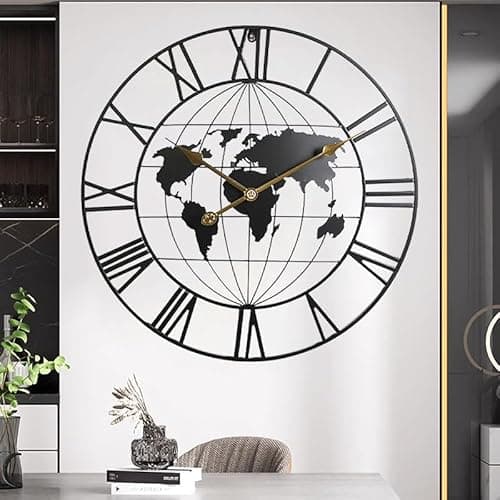 Image of Large World Map Wall Clock,Metal Minimalist Modern Clock,Round Decorative Silent Non-Ticking Battery Operated Wall Clocks for Living Room/Entryway/Kitchen/Bedroom/Office/School Decor (24 Inch)