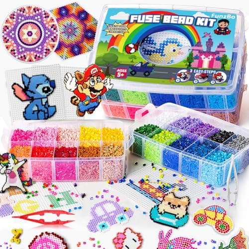 Image of FunzBo 23000PCS Fuse Beads for Kids Craft Art - 106 Patterns Fuse Bead Melty Fusion Colored Arts and Crafts Set for Boys Girls Age 4 5 6 7 8 Year Old Classroom (Mega)