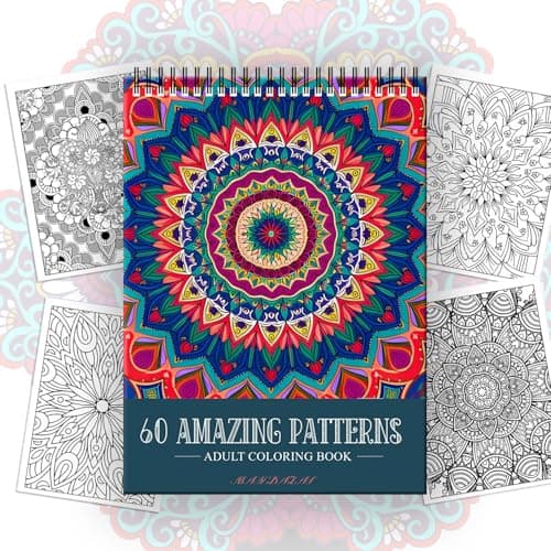 Image of Mandala Colouring Book, Adult Colouring Books, 60 Unique Mandala Designs for Stress Relief Relaxation, Spiral Bound Coloring Books for Adults, One-Sided Printing, Anxiety Relief Gifts for Women Men