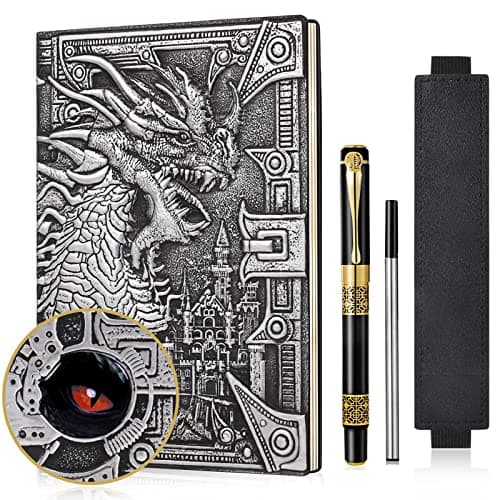 Image of JiaoJiRen DND Dragon Notebook 3D Embossed Leather Journal A5 Vintage Travel Journal with Pen & Pen Sleeve,D&D Handmade Daily Diary Lined Writing Notebook for Men&Women(Silver Dragon)