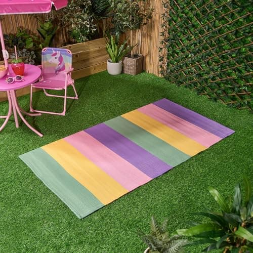 Image of OHS Outdoor Mats For Garden Rug Pastel Stripes Pattern, Water Resistant Foldable Reversible Outdoor Rug For Patio Porch Poolside & Balcony, Multi-80x150cm