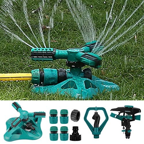 Image of WISDOMWELL Garden Sprinkler Adjustable water spray range Suitable for large areas of lawn Automatic 360 Degree 3 Arm Rotating Sprinkler System Sprinklers (1Sprinkler+4Connectors+2 Sprinkler Head)