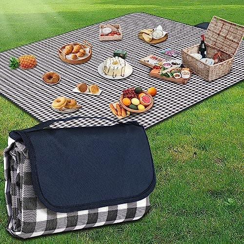Image of YAOMAISI Picnic Blanket,200 x 200cm Large Beach Blanket,camping Blanket,with handle,waterproof bottom,machine washable,outdoor foldable hiking blanket soft and portable (Blue Grid)