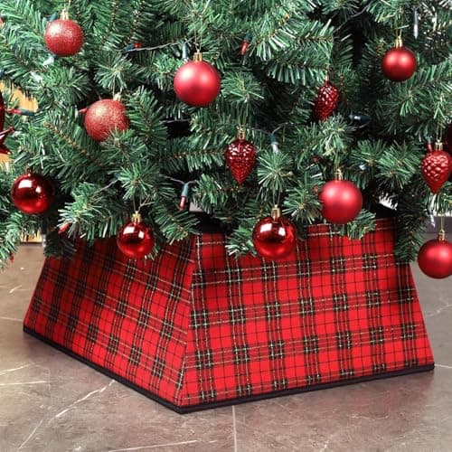 Image of Taylor & Brown Christmas Tree Skirt Square Stand Base Xmas Natural Folding Collar Basket Cover Decoration Tidy Home Decor 48 x 48 x 25cm, Red & Black Plaid