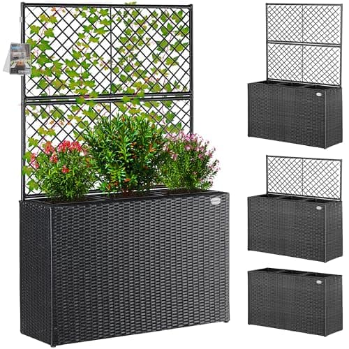 Image of CASARIA® Large Rattan Garden Trough Planter With Trellis, 3 Pots, Raised Bed, Plant Pots Indoor or Outdoor, Plant Pots, Plant Pot for Outdoor Garden Patio, Growing Climbing Frame Support | Black