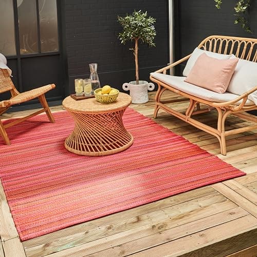 Image of THE RUGS Rainbow Collection Outdoor Rug - Easy to Clean, Waterproof Plastic Outdoor Rugs for Garden, Patio, Balcony, Camping - Vibrant Plastic Straw Rug - Threads Red, 120x160