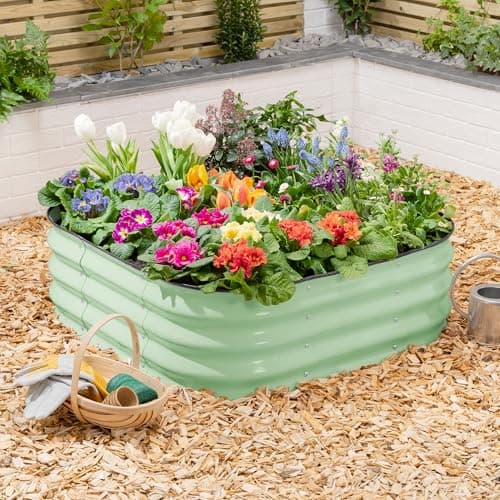 Image of CHRISTOW Square Raised Garden Bed – 90cm x 90cm x 30cm, Sage Green Galvanised Steel Planter, Open Base for Drainage, Outdoor Grow Bed for Plants, Flowers & Vegetables, Protective Rubber Rim