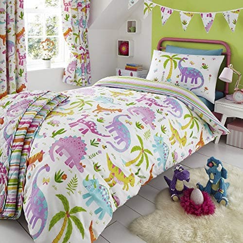 Image of Happy Linen Company Kids Girls Dinosaur Park Jurassic Pink T-Rex Dino White Reversible Single Bedding Duvet Cover Set