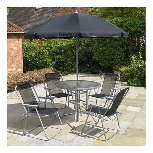 Image of Garden Mile Modern Folding 6 Piece Furniture Set - Stylish Weatherproof Topped Table, Parasol Umbrella and 4 Chairs Set - for Balcony, Patio and Garden Decor