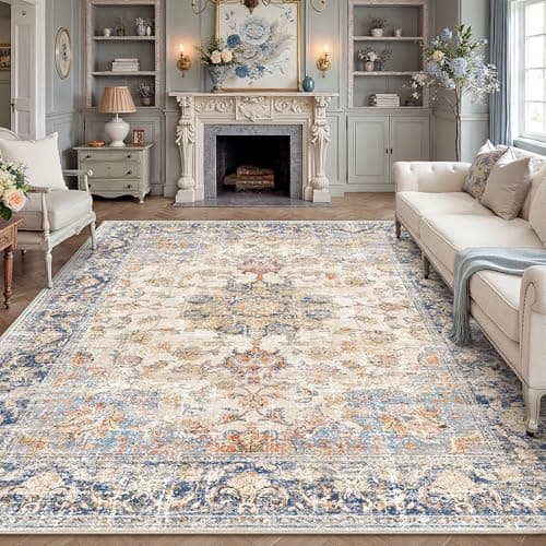 Image of PureCozy Extra Living Room Area Rug, 240x300 cm Machine Washable Blue Non Slip Vintage XXL Rugs for Kitchen Bedroom Dining Room Home Office, Soft Low Pile Carpet for Indoor Home Decor