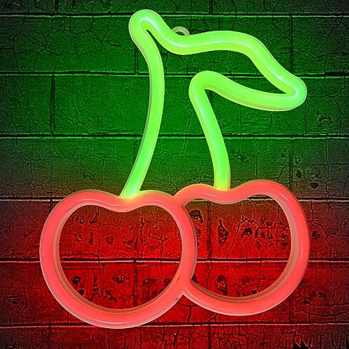 Image of YATOSEEN Cherry Neon Light Sign, USB or 3 AA Battery Powered Neon Sign, LED Light Art Wall Decoration for Bedroom,Room, Wall Decor Bar Party Christmas Birthday