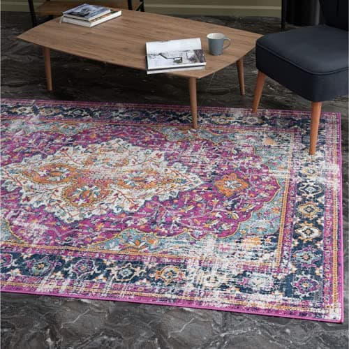 Image of THE RUGS Purple Vintage Oriental Area Rug for Living Room Bedroom – Small 80x150 cm, Soft Short Pile Traditional Persian Style