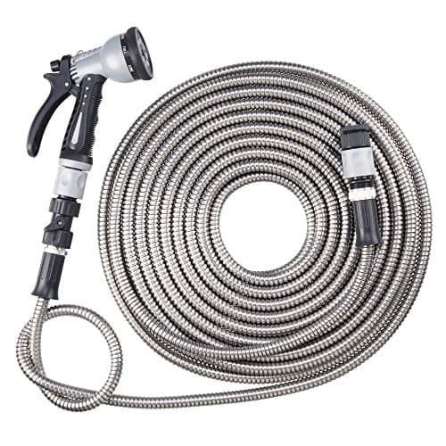 Image of Garden Gear Easy Hose Stainless Steel Garden Water Hosepipe Rust Proof & Tangle Free with Hand Held Spray Nozzle (50ft)