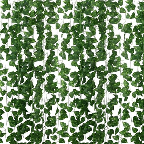Image of Apexrizon Fake Plants Scindapsus Leaves 16 Pack 112FT Artificial Ivy Garland Green Leaves Hanging Plant Fake Vines for Outdoor Wedding Party Garden Indoor Wall Bedroom Decoration