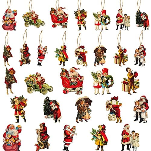 Image of 46 Pcs Christmas Victorian Style Wood Ornaments Decorations, Vintage Santa Claus Kids Wood Hanging Signs Pendant for Home Door Windows Xmas Party Decoration