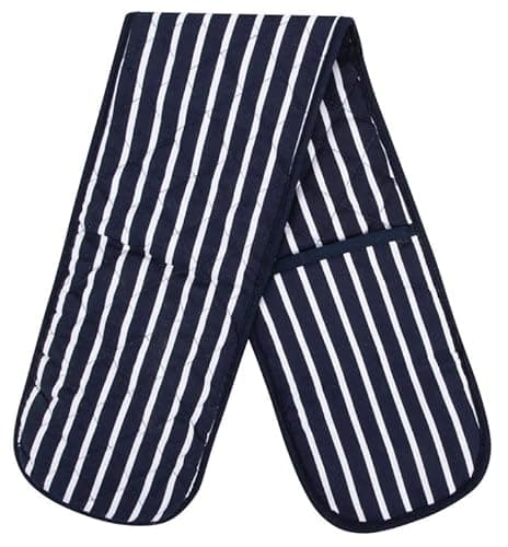 Image of Navy Double Oven Gloves - Heat Resistant Oven Mitts for Home Kitchen Baking and Cooking, Butchers Stripe Pot Pan Tray, Heavy Duty Cooking Gloves
