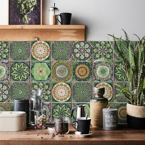 Image of HORIWE Tile Stickers Vintage Moroccan Wall Decal Sticker Adhesive Tile Art DIY Kitchen Bathroom Backsplash Floor Home Decor PVC Waterproof Oil Proof New 8x8 Inches 24pc…
