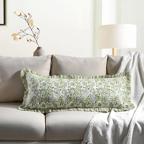 Image of CPC Agate Green 100% Cotton Block Print Ruffle Sham Cover 14x36 inch, Handmade Boho Floral Pillowcase, Farmhouse Cottagecore Bedding, Soft Decorative Cushion Cover for Bedroom Décor