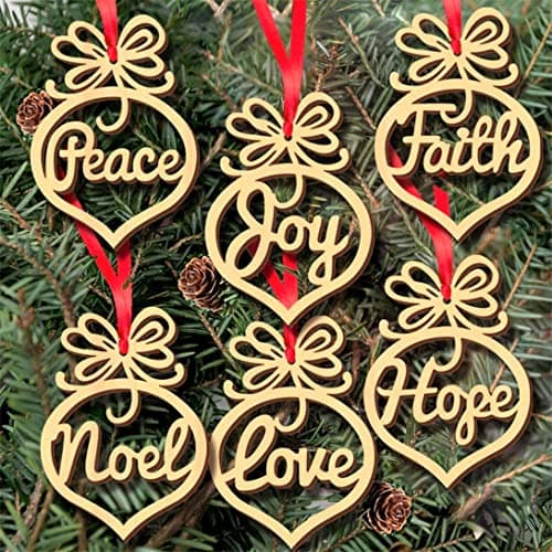 Image of LATERN 36Pcs Wooden Christmas Ornaments, 6 Styles Hollow Letter Pendant Xmas Tree Hanging Tags with Red Strings - Crafts Embellishments Decor for Christmas Tree Holiday Wedding (10 x 7cm)