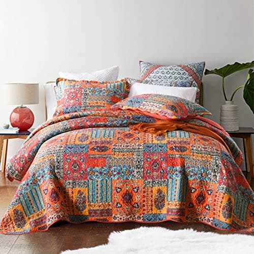 Image of Qucover 3 PCs Quilted Bedspreads Soft Cotton Microfiber Patchwork Quilt Bedspreads King Size 230x250 cm, Flower Pattern Mixed Orange Blue Colors Bed Throws and Pillowcases for Bedroom Decor