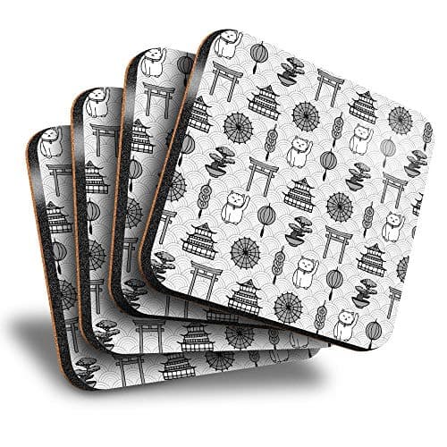 Image of Destination Vinyl ltd Great Coasters (Set of 4) Square - BW - Japanese Lucky Cat Pattern Drink Glossy Coasters/Tabletop Protection for Any Table Type #35923