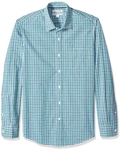 Image of Amazon Essentials Men's Slim-Fit Long-Sleeve Poplin Shirt, Blue Green Gingham, L