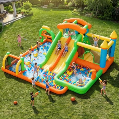 Image of FOOING Large Inflatable Bouncy Castle with 2 Slides & Splash Pool for Kids – Dual Lane Bouncy Castle for Children Garden Backyard Party, Summer Outdoor Fun, 950w Blower, Water Gun and Climbing Wall