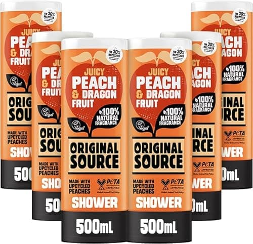 Image of Original Source Juicy Peach & Dragonfruit Shower Gel with 100% Natural Fragrance, Large Vegan Shower Gel, Paraben Free Body Shower Wash, Multipack of 6 x 500ml