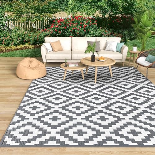 Image of MOKANI Outdoor Rug for Patios Waterproof, Anti-slip Plastic Straw Garden Mat Carpet UV Resistant Indoor Area Rugs for Camping, Deck, Beach, Picnic, Backyard (120x180cm, Grey & White)