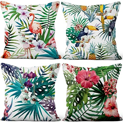 Image of Aoihrraan Cushion Covers Set of 4, Tropical Summer Throw Pillow Covers Flamingo Leaf Flower Pattern Soft Short Plush Square Pillowcase for Sofa Couch Bedroom Car Chair Home Decor 16"x16"