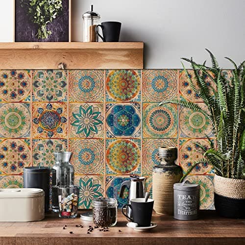 Image of HORIWE Retro Tile Stickers Wall Decal Sticker Adhesive Tile Art DIY Kitchen Bathroom Backsplash Floor Home Decor PVC Waterproof Oil Proof New 8x8 Inches 24pc