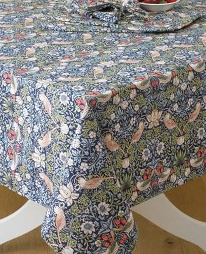 Image of William Morris Blue Strawberry Thief 132 x 178 Cotton Floral Tablecloth