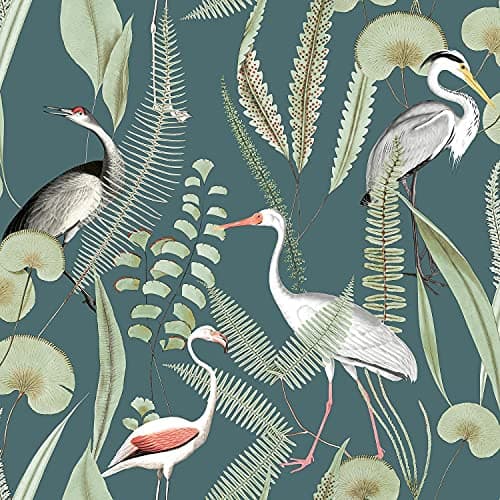 Image of Kivu Wallpaper Birds Tropical Floral Teal Green Natural