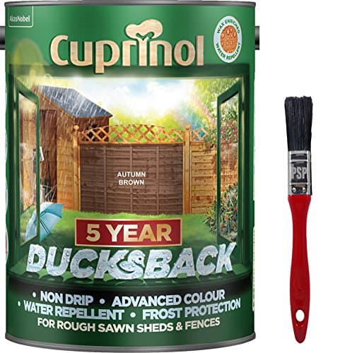 Image of New 2018 Cuprinol Ducksback Shed & Fence Paint 5 Litre Autumn Brown. Non Drip, Water Repellent and Frost Defence. Protection for 5 Years. Includes PSP Touch up Brush.