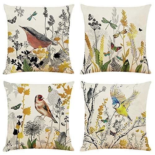 Image of Decorative Throw Pillow Covers 18x18 inches Set of 4 Birds Butterfly and Plant Cushion Covers 45cm x 45cm Boho Linen Square Throw Pillow Cases for Living Room Sofa Couch Bed Pillowcases (Gold Black)