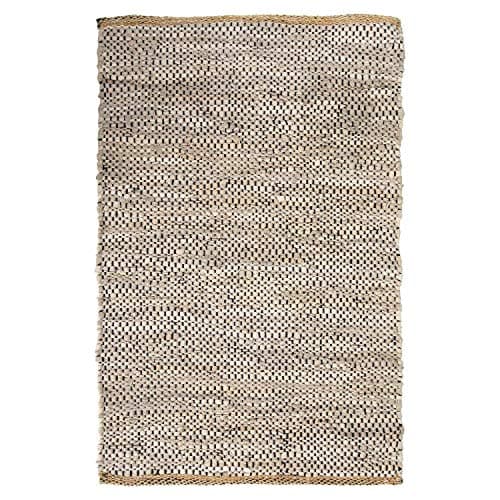 Image of Bravich Recycled Leather Chindi Rug- Sand Beige. Small Handmade Area Rag Rug, Woven Traditional Indian Carpet For Living Room, Bedroom, Hallway - 60x90cm (2' x 3').
