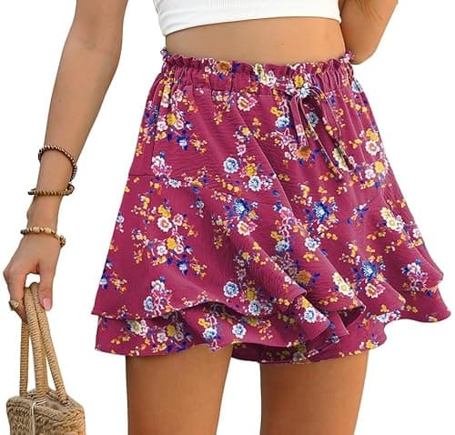Image of PrinStory Ruffle Shorts for Women High Waist Flowy Shorts Drawstring Skort Casual Summer Skort Wide Leg Culottes (Purple Flower, L)