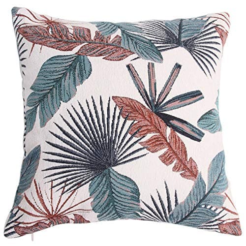 Image of Yeiotsy Cushion Cover, Tropical Leaf Decorative Pillow Case Jacquard Chenille Pillow Cover for Sofa Chair Bed(Teal & Red)
