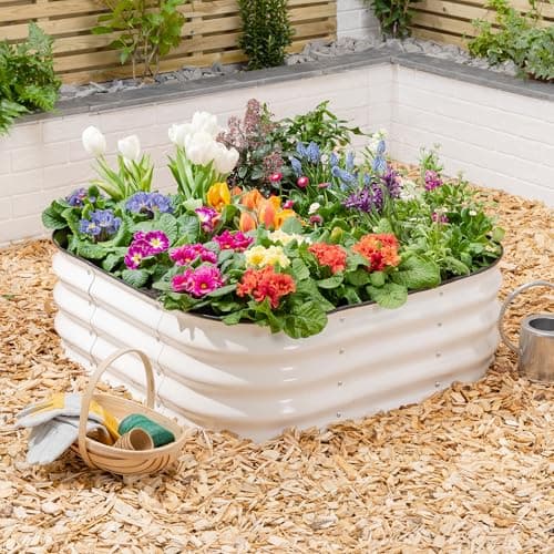 Image of CHRISTOW Square Raised Garden Bed – 90cm x 90cm x 30cm, Cream Galvanised Steel Planter, Open Base for Drainage, Outdoor Grow Bed for Plants, Flowers & Vegetables, Protective Rubber Rim