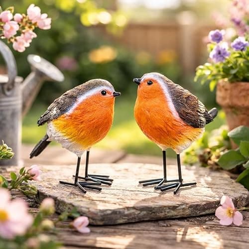 Image of Garden Mile Set of 2 Red Robin Garden Ornaments -10cm Durable Resin Bird Figurines for Indoor & Outdoor Decoration – Bird Decorations for Garden & Home Ornaments, Robin Gifts & Outdoor Accessories
