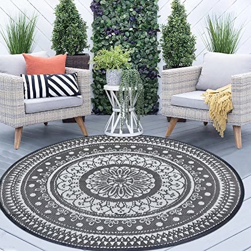 Image of Cekene Round Outdoor Rug Waterproof 150cm Grey Reversible Garden Rug Plastic Easy Clean Area Floor Mat for Outdoors Patio Garden RV Trailer Backyard Deck Picnic