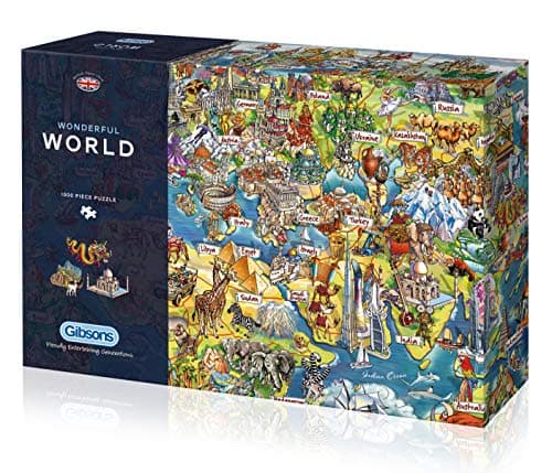 Image of Gibsons Wonderful World 1000 Piece Jigsaw Puzzle for Adults – Illustrated Map of Planet Earth by Maria Rabinky – Colourful World Landmarks Design – Premium Sustainable Puzzle Made in the UK/EU