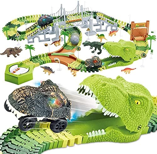 Image of 174 PCS Dinosaur Toys Race Track, Flexible Train Tracks with 8 Dinosaurs Figures, 2 Electric Race Cars Vehicle Playset with Lights to Create A Dinosaur World Road Race for Toddlers Kids Boys Girls