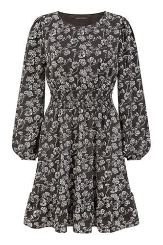 Image of Mela Black Floral Print Dress, Long Sleeve, Ruched Waist, Skater Style, 92cm Length (UK, Numeric, 14, Regular, Regular, Black)
