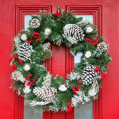 Image of HomeZone 50cm Large Luxury Christmas Wreath Snow Covered Artificial Pine with Berries & Baubles Hanging Door Decoration for Front Door Indoor & Outdoor Xmas Home Décor Display