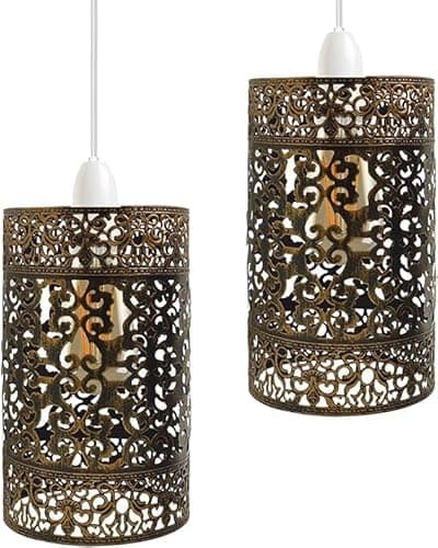 Image of DC Voltage Industrial Easy Fit Metal Cage Drum Lampshade Ceiling Pendant Lampshade with Reducer Plate for Living Rooms Bedroom Kitchen Dining Room (2 Pack Brushed Copper B6)