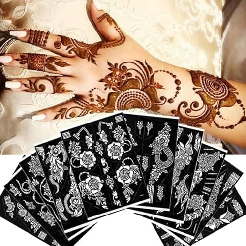 Image of XMASIR 10 Sheets Tattoo Stencils 20 Pcs Arm Hand Tattoo Template Temporary Indian Arabian Glitter Airbrush Tattoos Stickers for Face Body Paint DIY