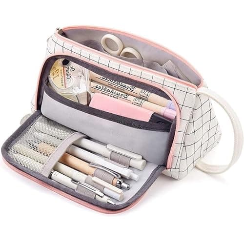 Image of flintronic White Plaid Big Capacity Pencil Case, Canvas Pen Pencil Pouch with Handle Portable Canvas Stationery Pen Bag, Pencil Storage Case for Student Teens Adults Girls