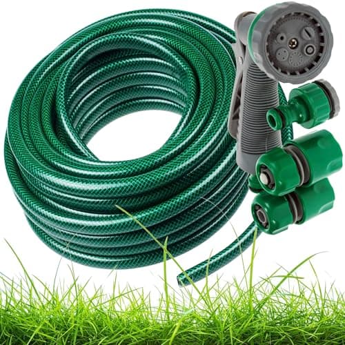 Image of Green 30M (98ft) Garden PVC Hose Pipe & Spray Attachment Reinforced Tough Outdoor Water Hosepipe Perfect for Watering Garden & Plants